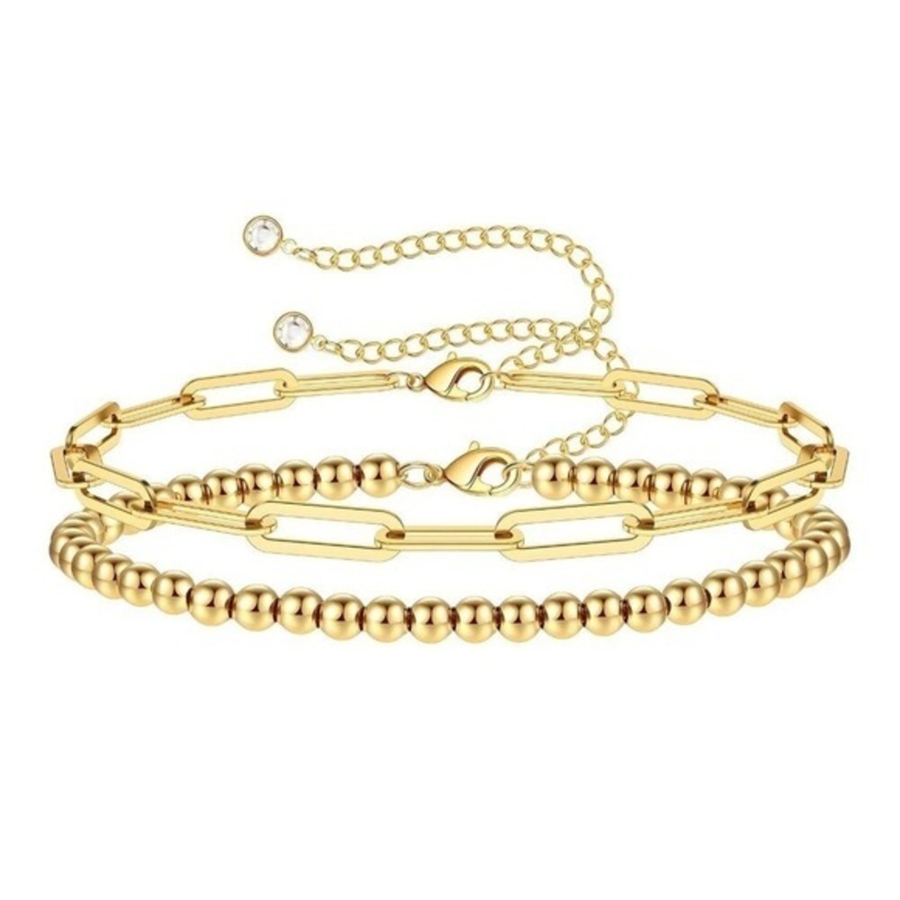 18K Gold Plated Stainless Steel Paperclip & Beaded Bracelet Set 2pc - Picture 5 of 5
